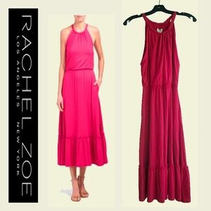 Rachel Zoe NEW Hot Pink Halter Maxi Dress L Elastic Waist Ruffled Hem